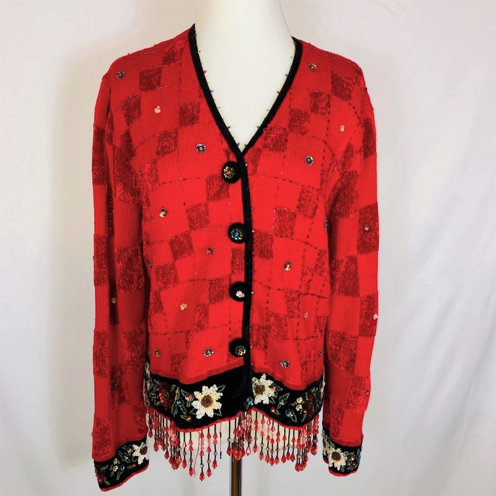 Vintage BEREK Red Beaded Sequin Cardigan Knit Embroidered Applique Ugly Xmas